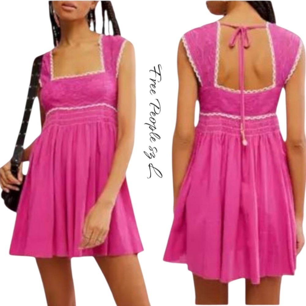 Free People Heartland Mini Dress Pink Lace Babydoll Boho sz L NWT - Picture 2 of 12